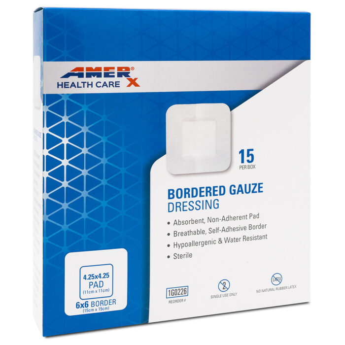 AMERX Bordered Gauze Dressing, 6 x 6 Dressing (4.25x4.25 Pad)