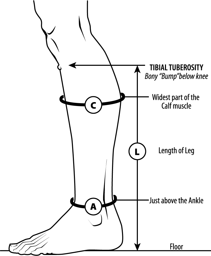 Diagram of lower leg showing the areas that need to be measured for proper fitting of the EXTREMIT-EASE Compression Garment